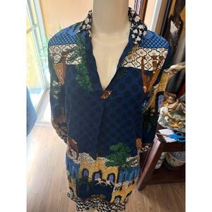 New Collection Navy Blue Elephant Print Tunic Dress Long Sleeve V-Neck Mini